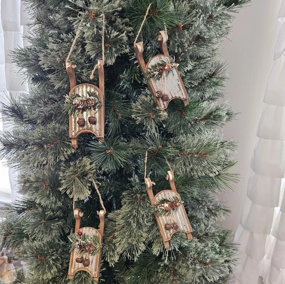 Rustic Farmhouse Galvanized Metal Wooden Sleigh Ornaments Set of 4 - Picture 2 of 4